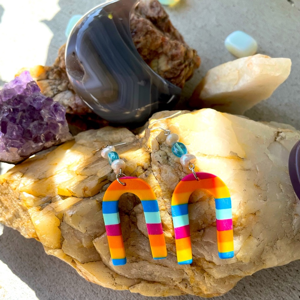 🌈 Pride Earrings! With Fresh Water Pearls, Glass Beads, & Geometric Pendants!